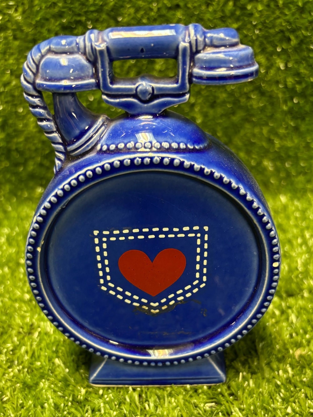 Blue Ceramic Telephone Bank with a Red Heart